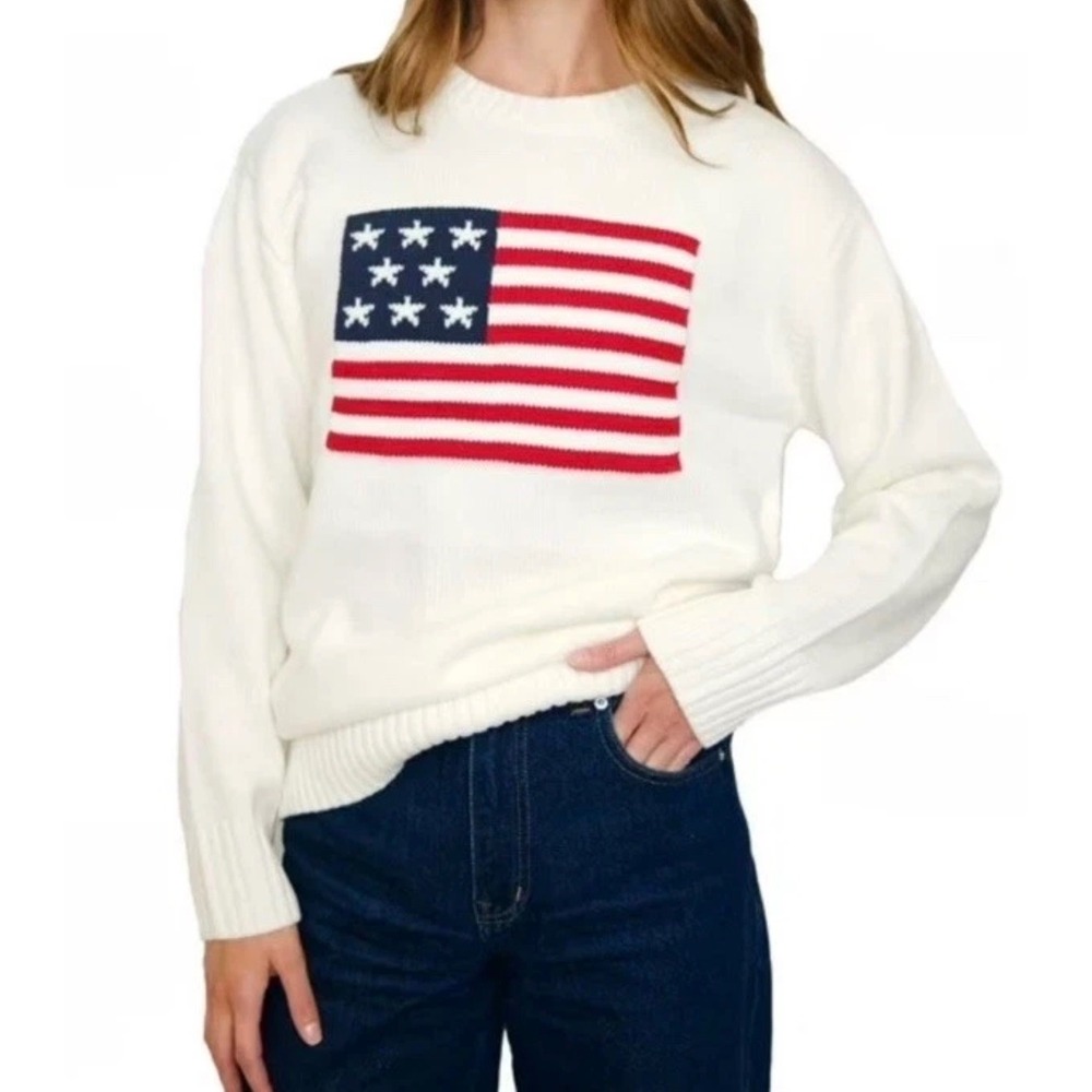 Womens American Flag Intarsia Knit‎ Crewneck Sweater Cream XL Patriotic USA